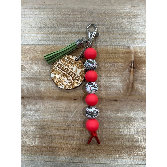 Mama Floral Silicone Bead Lobster Clasp Keychain Purse Charm Wood Engraved - Picture 1 of 1